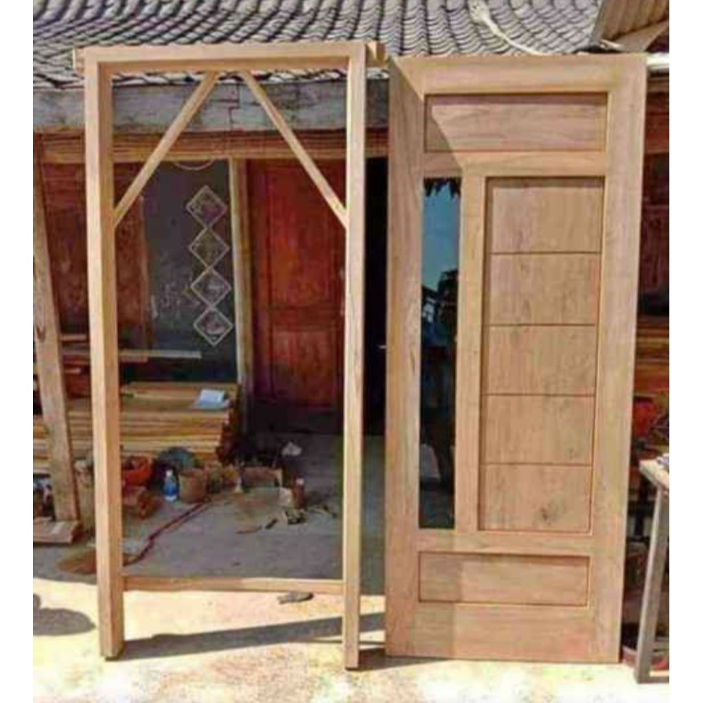 Ready stock daun pintu+kusen 1set motif lis kaca kayu mahoni KUNINGAN