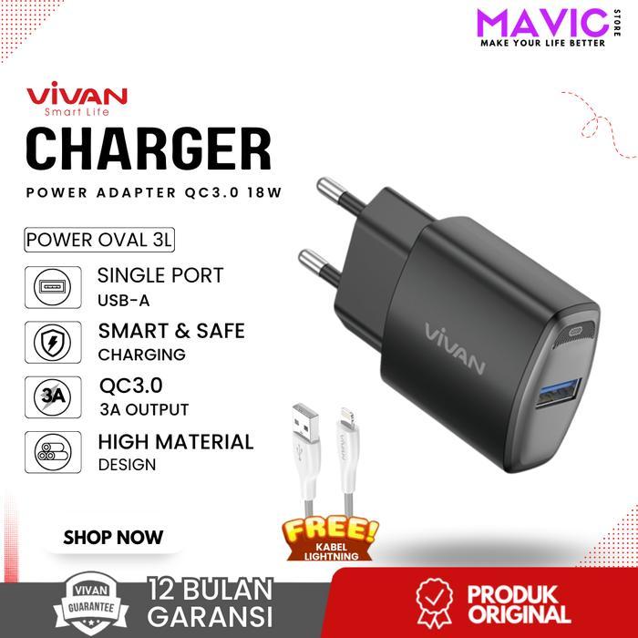 Best Organizer_[ PROMO ] VIVAN Power Oval 3L Travel Charger QC 3.0 3A 18W with Kabel Ligtning - Blac