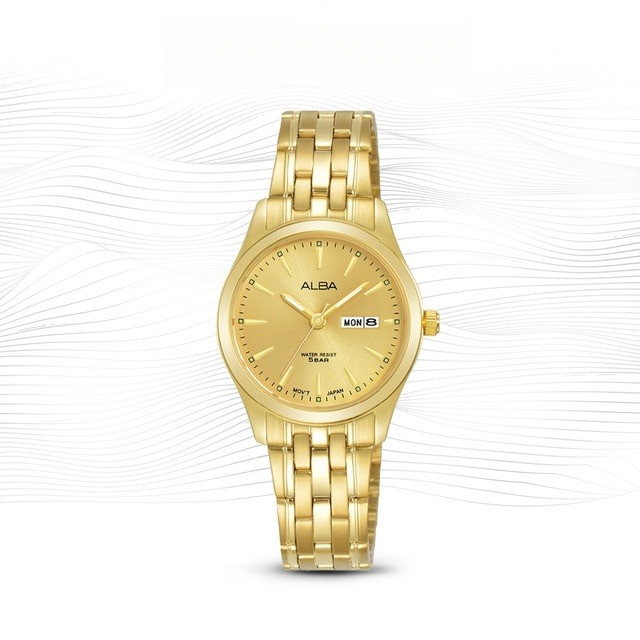 ALBA AN8082 Jam Tangan Wanita Quartz Gold Dial Stainless Steel Strap Watch