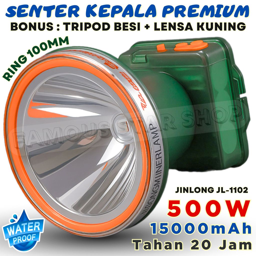 promo toko Senter Kepala 500W Super Terang  4800mAh / Tahan 12 Jam / Headlamp  Premium JINLONG JL-11