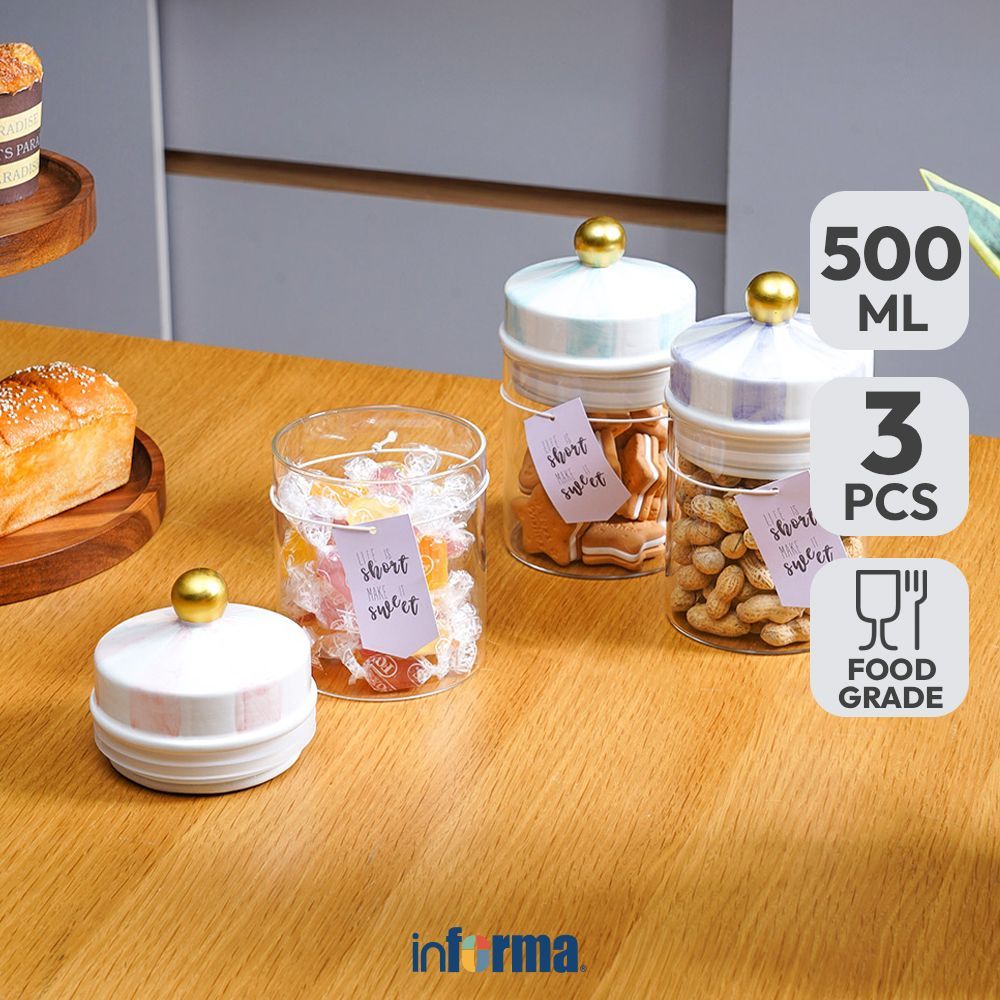 Informa 500 ml Set 3 pcs Stoples Kaca Carousel Flat Jar Tempat Simpan Snack Dan Permen Setoples Topl