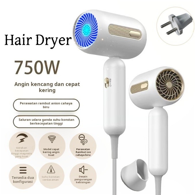 Hair Dryer Low Watt,750W,Perawatan Rambut Ion Negatif Cahaya Biru