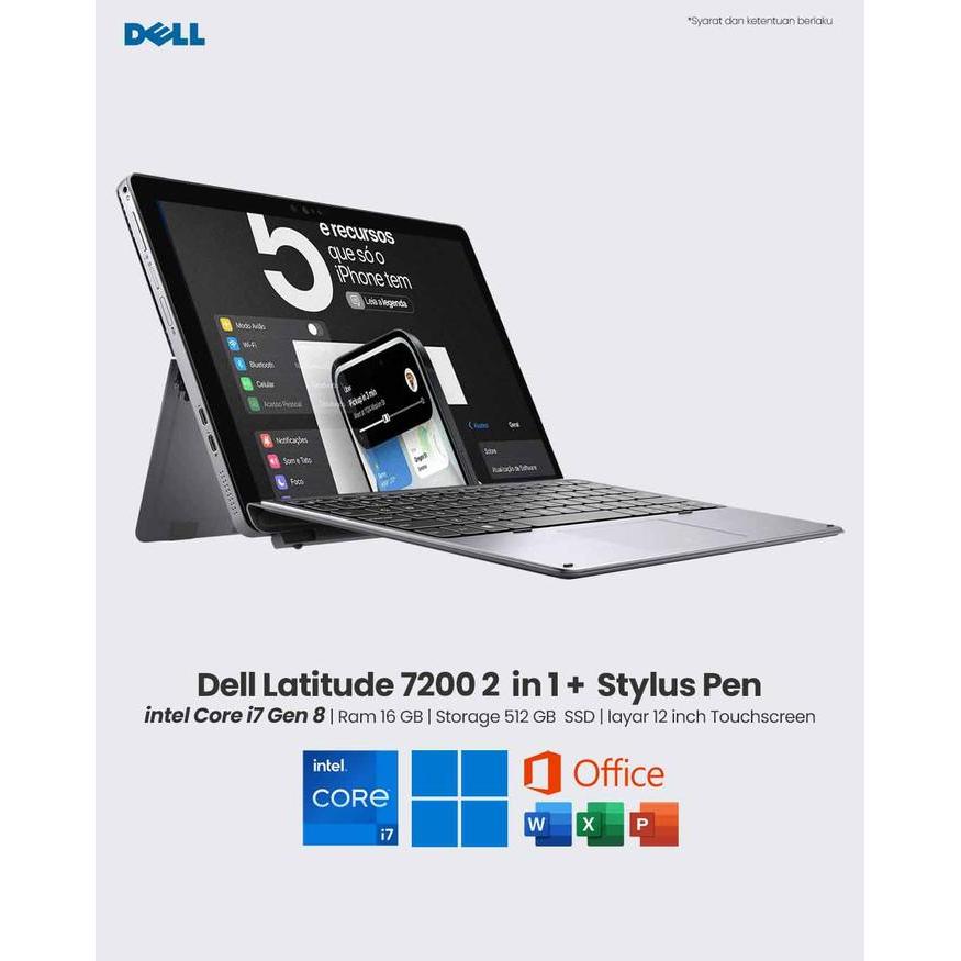 Laptop Dell Latitude 7200 2 in 1 Core i7 Gen 8 RAM 16 GB SSD 512 GB 12 Inc Toucscreen + Keyboard Wit