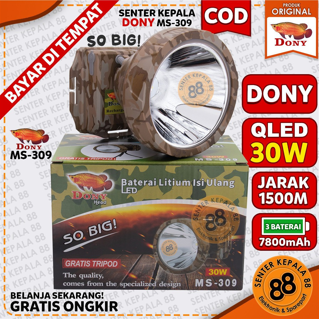 DONY  Senter Kepala Cas / MS 309 / SOBIG 30 W 30 WATT / QLED LED T6 / Super Terang / Murah Senter Ke