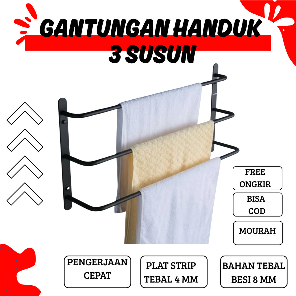 Gantungan handuk 3 susun / Rak handuk kamar mandi 3 susun / gantungan handuk tempel dinding