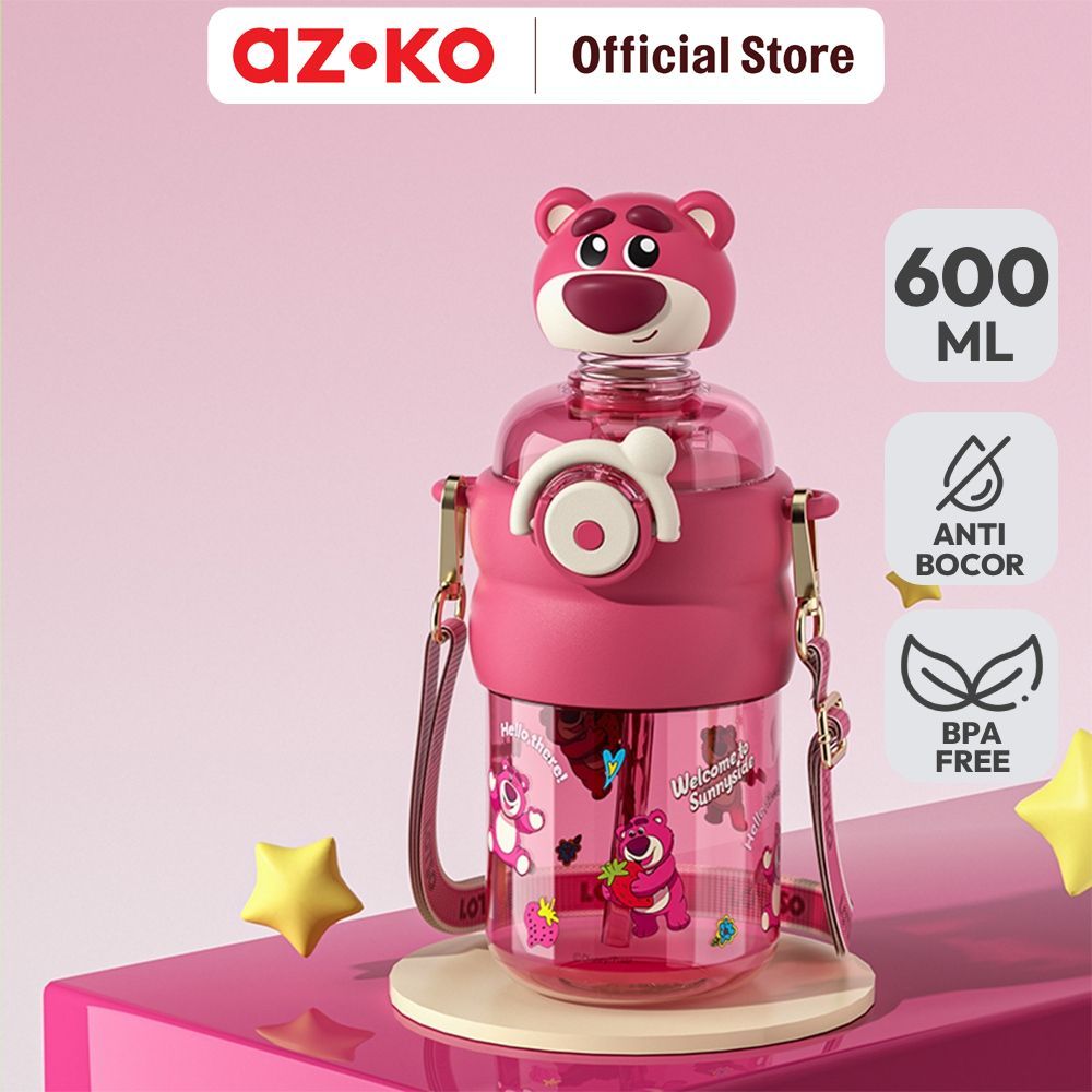 AZKO Ataru Botol Minum Tritan Dengan Sedotan & Strap Lotso 600 ml - Pink Water Drinking Bottle Botol