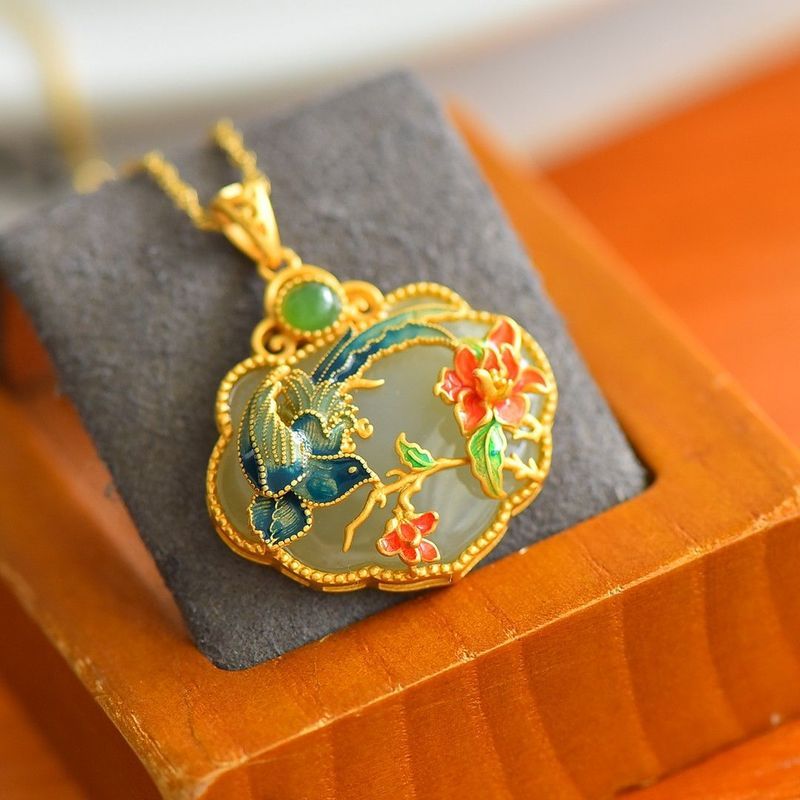 Branch Pendant Burnt Blue Inlaid Ruyi Lock Necklace Jewelry