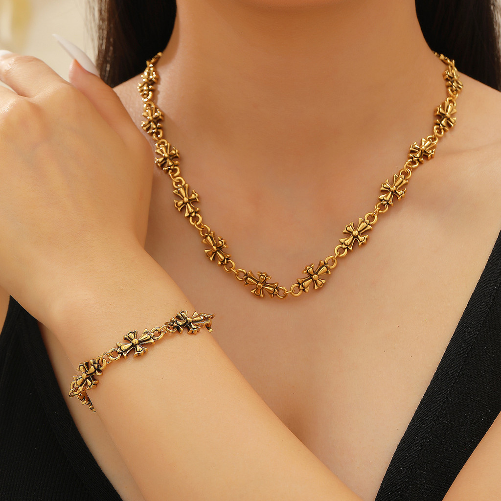 Gothic Cross Pria Paduan Gelang Vintage Diablo Serbaguna Kalung Set Perhiasan Wanita