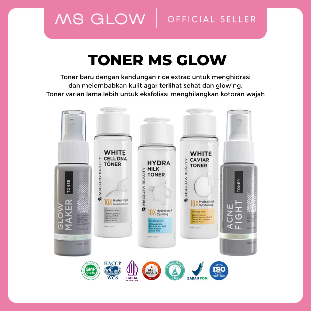 ALL TONER MS Glow Maker Acne Fight Hydra Milk Caviar White Cell DNA WCD Salmon DTE Mini Facial Wash 