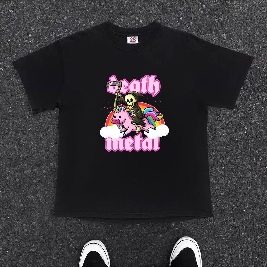 Kaos "DEATH METAL":Cetakan maut+unicorn lucu,Cotton combed 24s,Original 100%,Street Style, DTF,High 