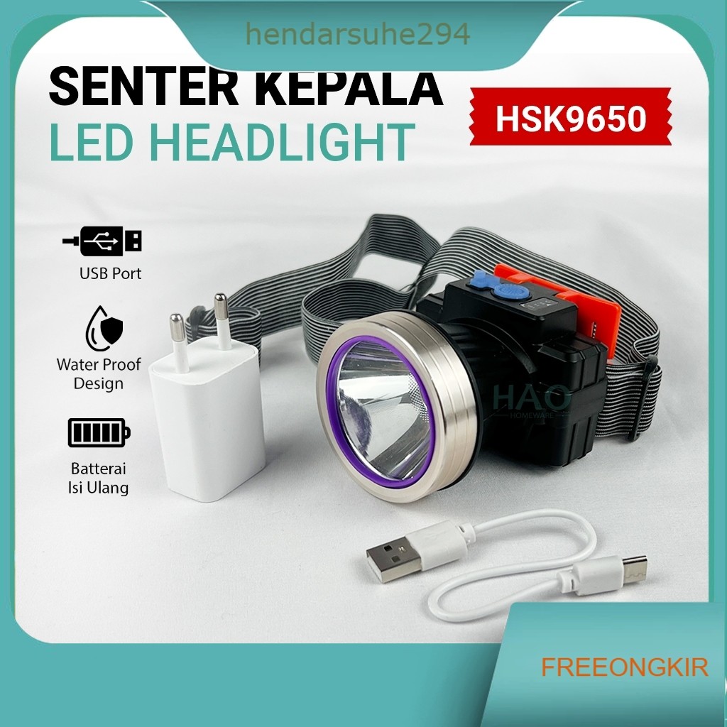Senter Kepala Headlight LED / Senter Kepala Travel / Senter Kepala Charger HSK-9650 LED Putih