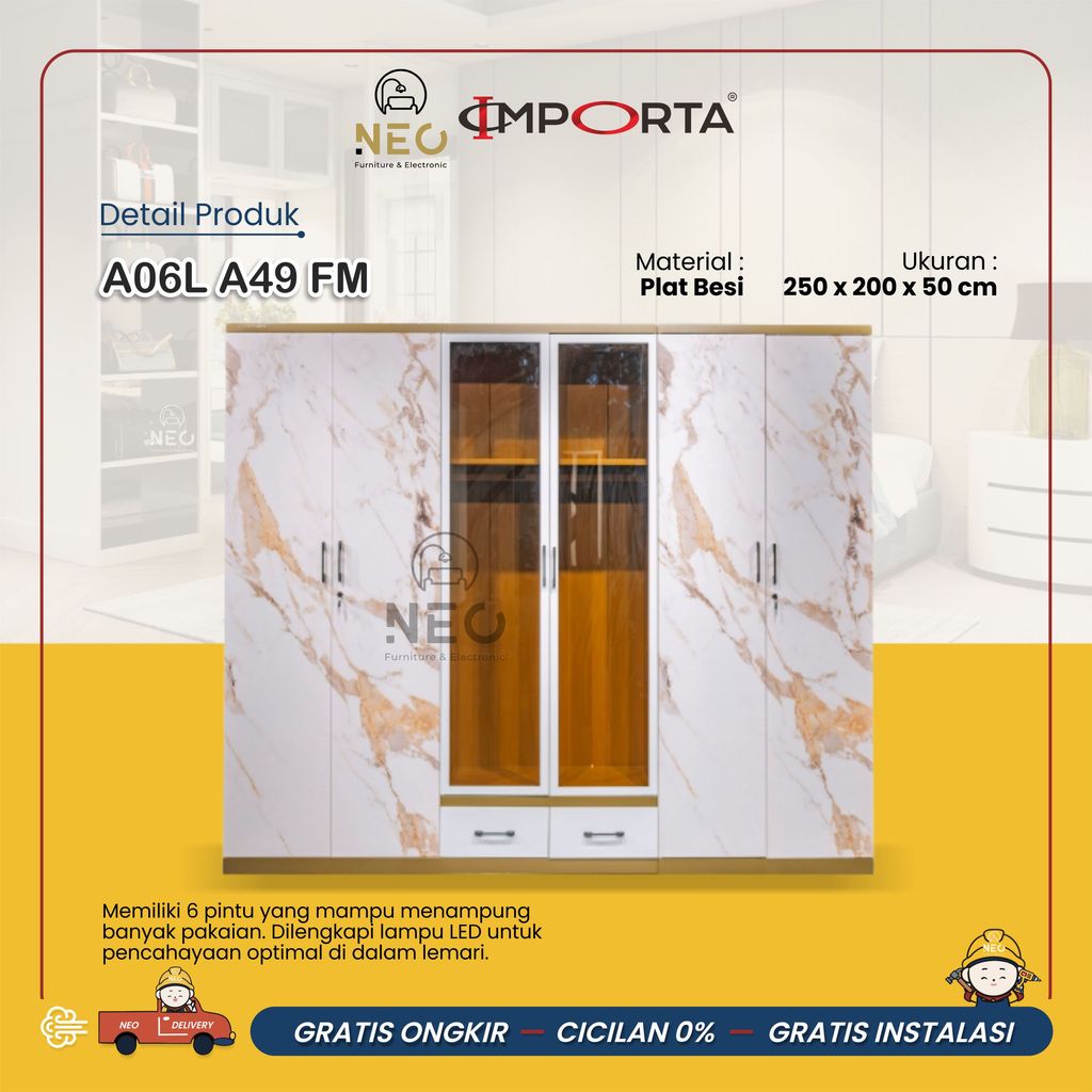 NEO - LEMARI PAKAIAN BESI 6 PINTU LED IMPORTA  A06L A49 FM A06L B02 FM PINTU SWING  LED  LEMARI PAKA