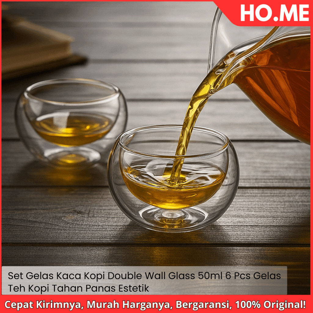[HO.ME] Set Gelas Kaca Kopi - Double Wall Glass 50ml 6 PCS - Gelas Teh Kopi Tahan Panas Estetik