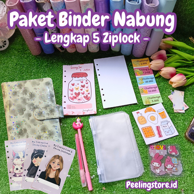 [5 Ziplock] Paket binder kulit nabung a6/ binder keuangan murah / binder a6 / binder sequin binder d