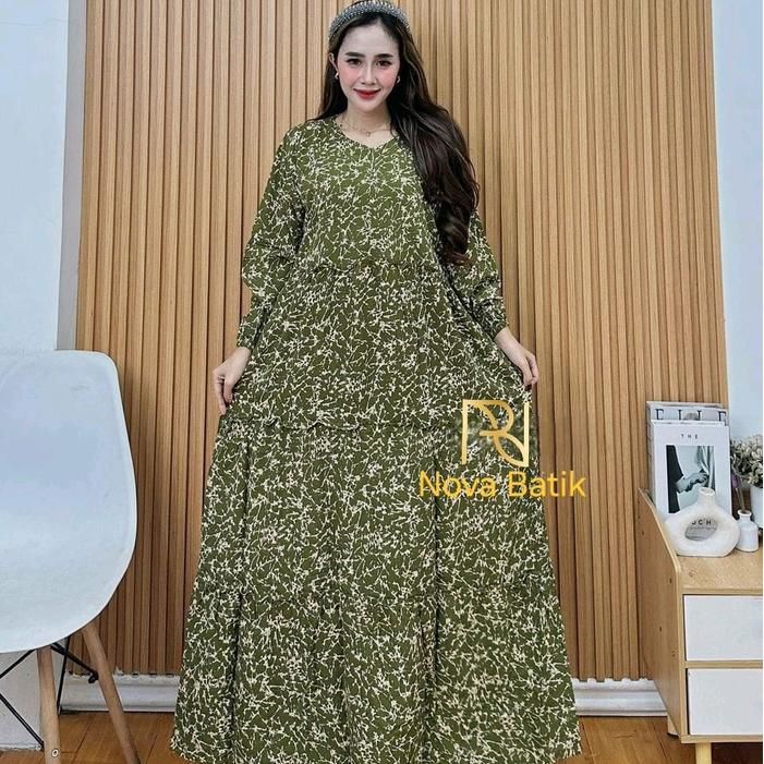 Gamis Remekan gamis jumbo Ld 120cm gamis rempel susun Dress Rayon Muslim - hijau army