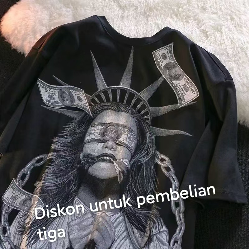 COD (Dikirim dalam 24 jam)MIEMIE. Kaos T-shirt Putih Pendek Lengan dengan Cetak Patung  Amerika dan 