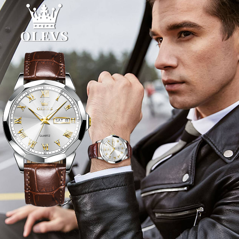 OLEVS Jam Tangan Pria Modern Design Analog Quartz Anti Air Original 100% Tali Kulit COD 9990