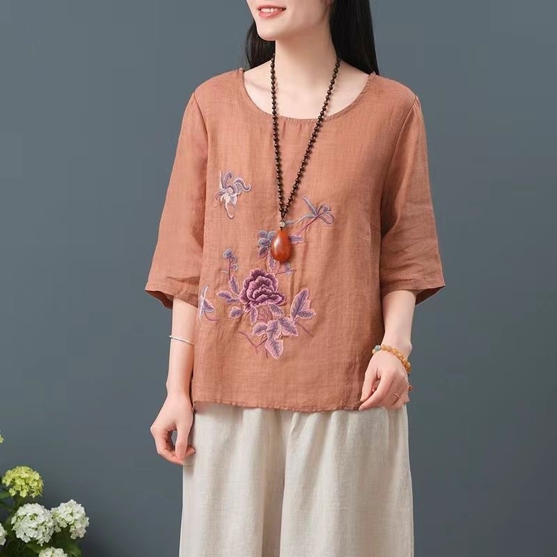 Blus Wanita Gaya Retro Cina Artistik Bordir Katun Linen