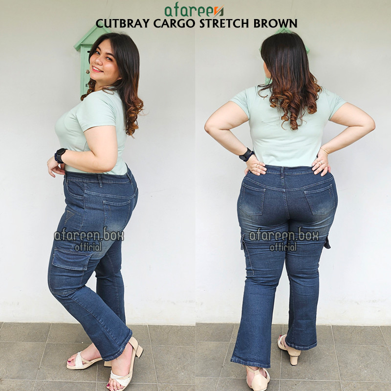 Afareen - Celana Jeans Cutbray Wanita Jumbo / Celana Jeans Cutbray Cargo Plus Size 35-42