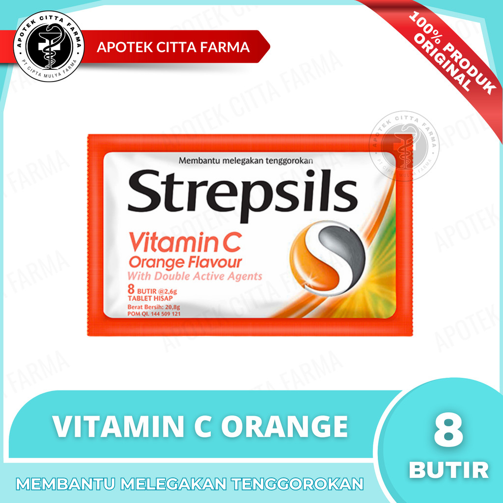 Strepsils Vitamin C Per 1 Sachet @ 8 Butir Permen - Permen Pelega Tenggorokan / Menyegarkan Bau Mulu