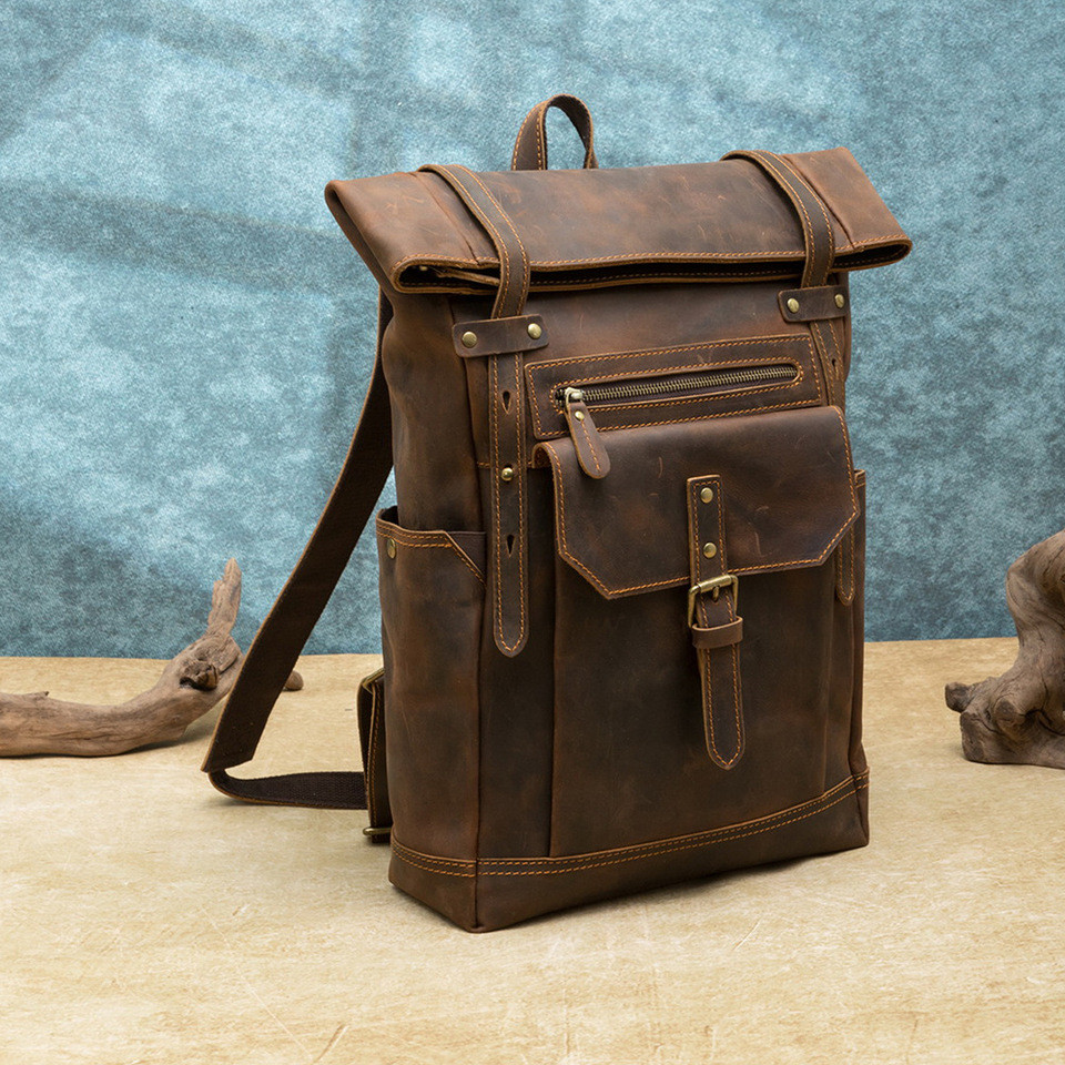 Cross border Crazy Horse Leather Men's Backpack Large Capacity Retro Folding Men's Backpack Leather 