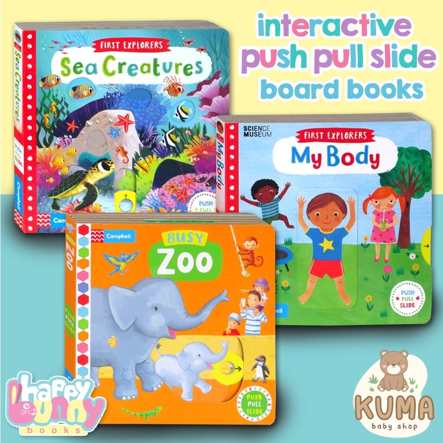 Campbell Push Pull Slide Interactive Board Book - Busy Zoo - Busy Safari - First Explorers Sea Creat