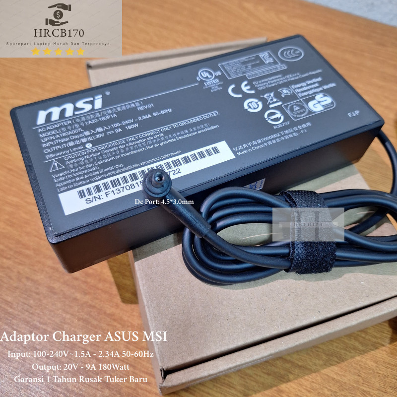 Charger Adaptor MSI GL66 GL76 GF66 GF76 GF75 Model A20-180P1A ADP-180TBH A17-180P4B A180A007L -hrcb