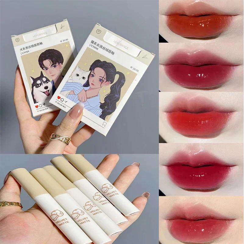 Set Lip Gloss Rokok, 5 Buah Warna Matte dan Merah untuk Riasan Bibir Tahan Lama, Kit Lipstik Kosmeti