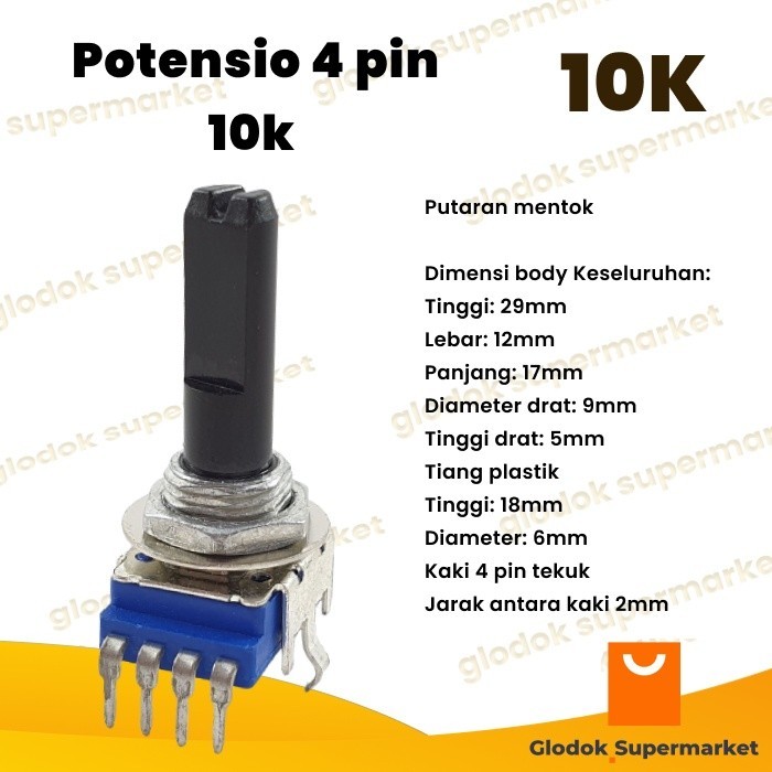 Potensio 4 pin 10k Stereo Kaki 4 Tekuk Segi Biru 103