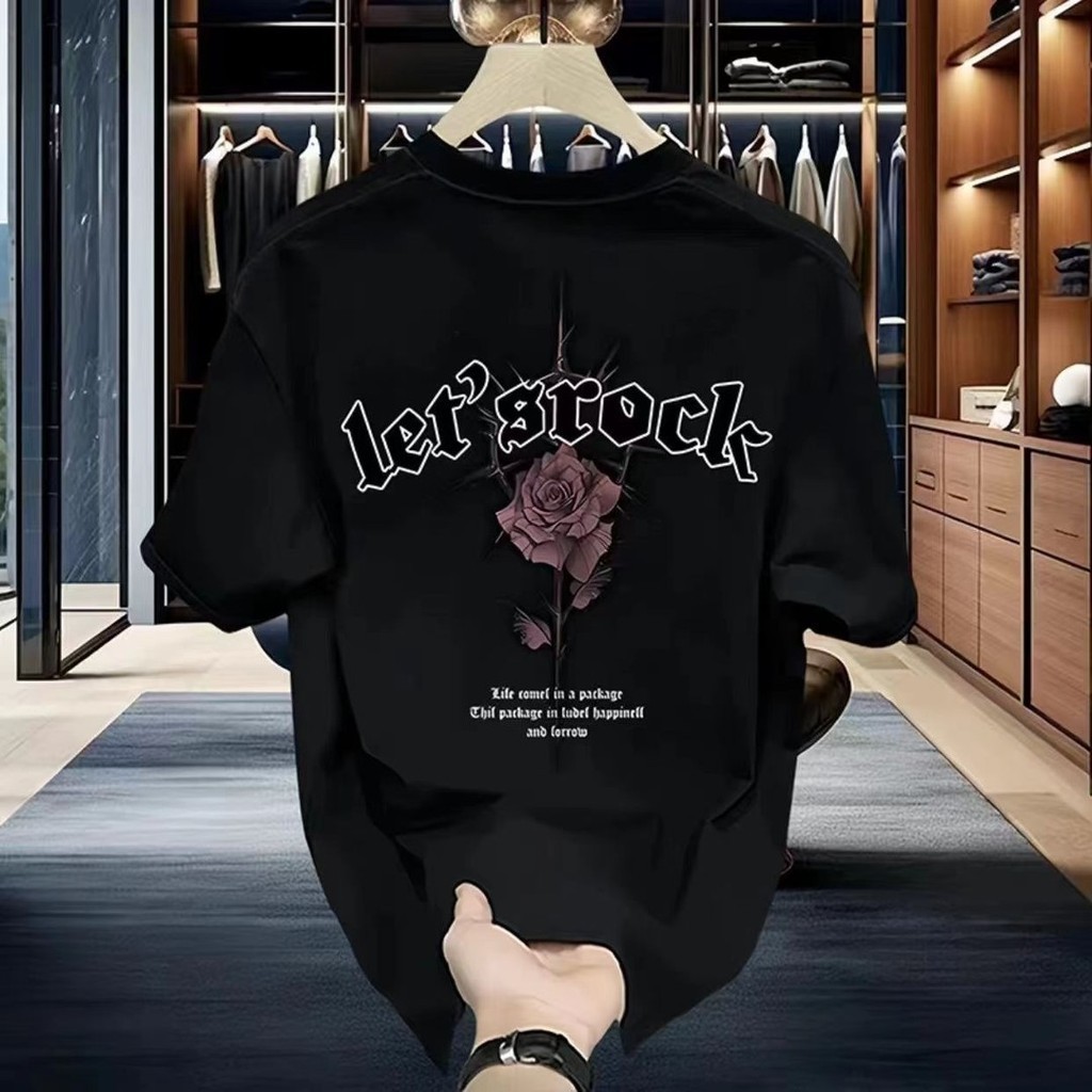 Kaos Distro Pria Lets Rock Baju Cowok Lengan Pendek sablon depan belakang