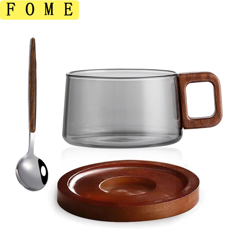 200ml Glass Coffee Mug With Wooden Tray And Spoon Heat-resistant Tea Cup Home Espresso Cup Milk Latt