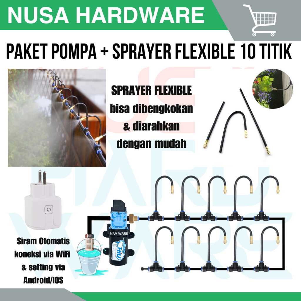 (leafnest) Paket Sprayer Flexible Tube 10 Titik Adjustable - Pompa HIU 100Psi DC 12V + Smart Timer W