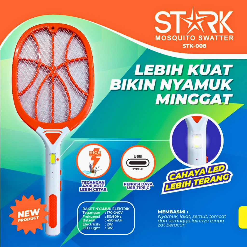 Raket Nyamuk STARK STK-008 / Raket Nyamuk USB-Type C / Raket Nyamuk Charger / Raket nyamuk + Senter 