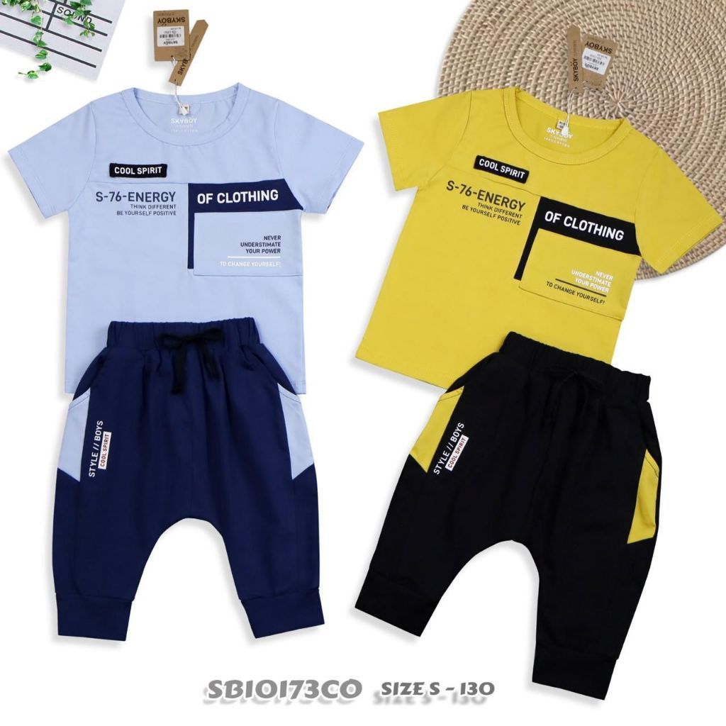 IB KIDS SKYBOY SETELAN KAOS ANAK COWOK CELANA JOGER S-130 (DENIM-KUNING) SB-10173