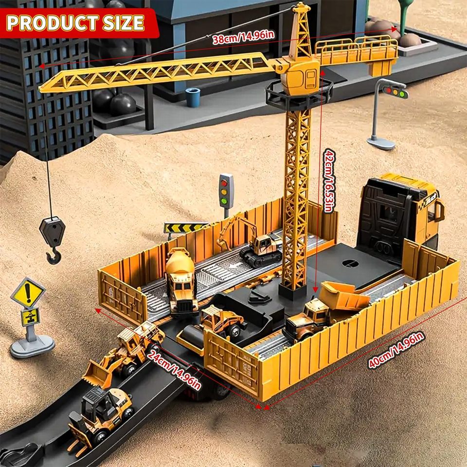 Alloy Construction Vehicles Toy Set for Ages 3-8-STEM Toys with Container Truck/Tower Crane/Excavato
