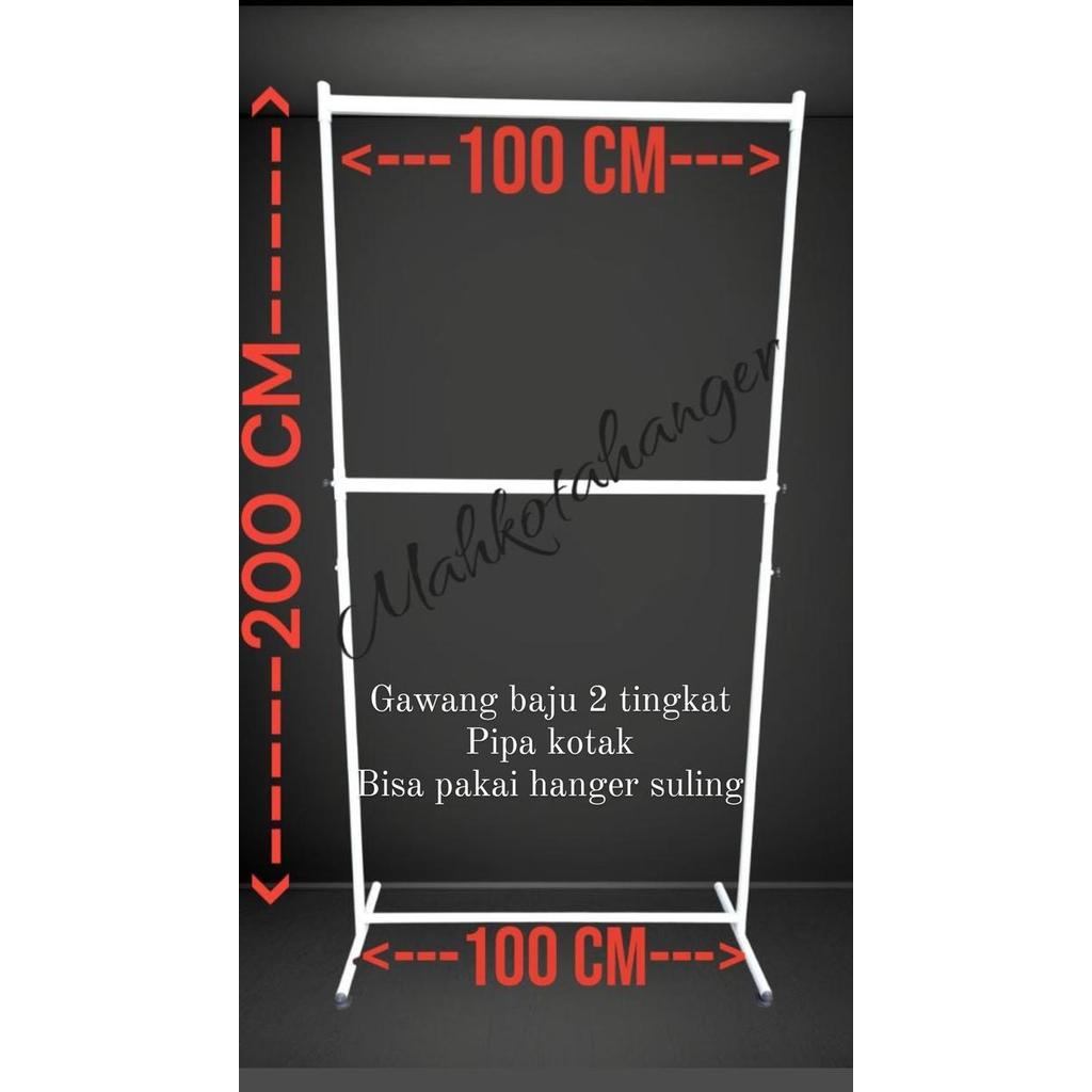 Gawang baju 2 tingkat premium pipa kotak besi tebal (kuat dan kokoh) - Putih, R.GERAK