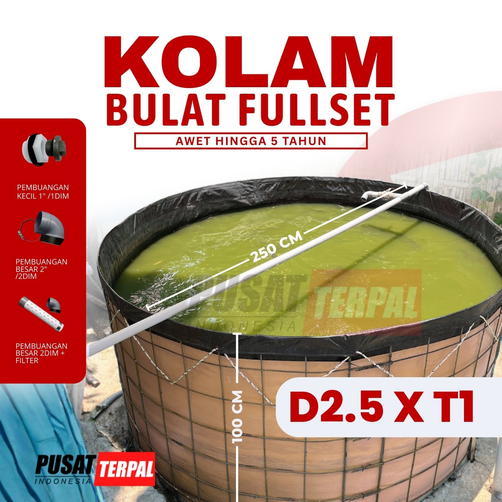Kolam Terpal Bulat Fullset Diameter 2.5 Tinggi 1 Merk Orchid / Kolam Terpal Ikan Fulset Kerangka Pus