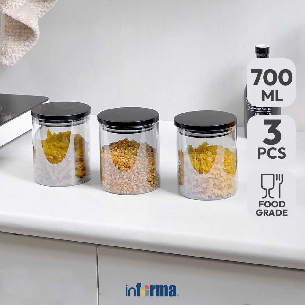 Informa 700 ml Set 3 pcs Lark Stoples Kaca - Hitam Jar Tempat Simpan Snack Dan Permen Setoples Tople