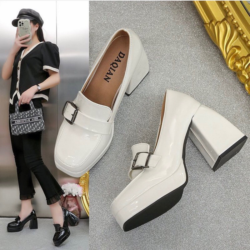 A72 sepatu cewek pantofel wanita hitam putih hak kotak tinggi 9cm nyaman formal stylish kekinian cas