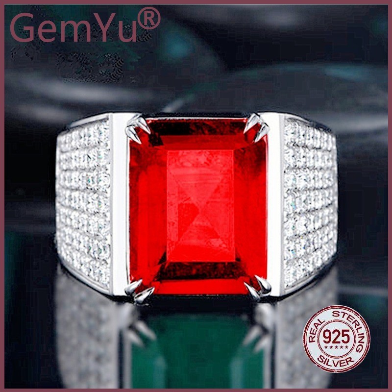 GemYu  Cincin Ruby Cincin Pria Berlian Penuh Berlian Harta Hijau Moissanite Cincin Terbuka Berwarna-