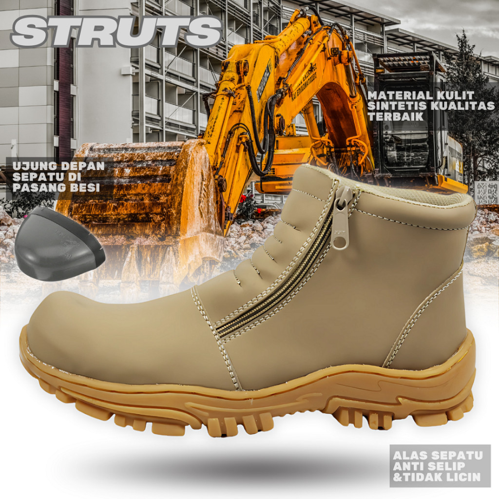 Sepatu Safety Pria Boots Strut Resleting Hitam Coklat Cream - Shoes Men's Boot Septy Ujung Besi Kerj