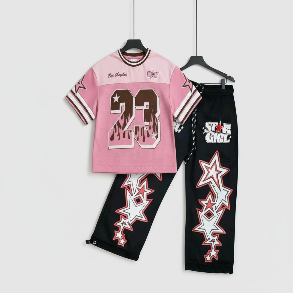 Setelan Anak Streetwear Star Girl Trendi Kaos Jersey Fire 23 V-neck Sporty + Celana Bintang Panjang 
