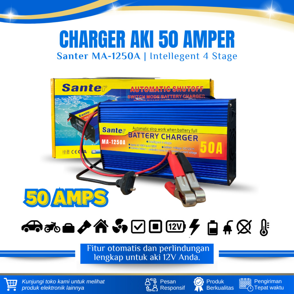 Charger Aki Otomatis Smart Intelligent Auto Repair SANTER MA-1250A charger aki mobil 12V 50 Amper