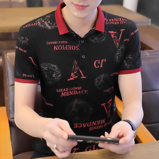 T-shirt lengan pendek pria memimpin kaos polo lengan pendek cetak Korea baru