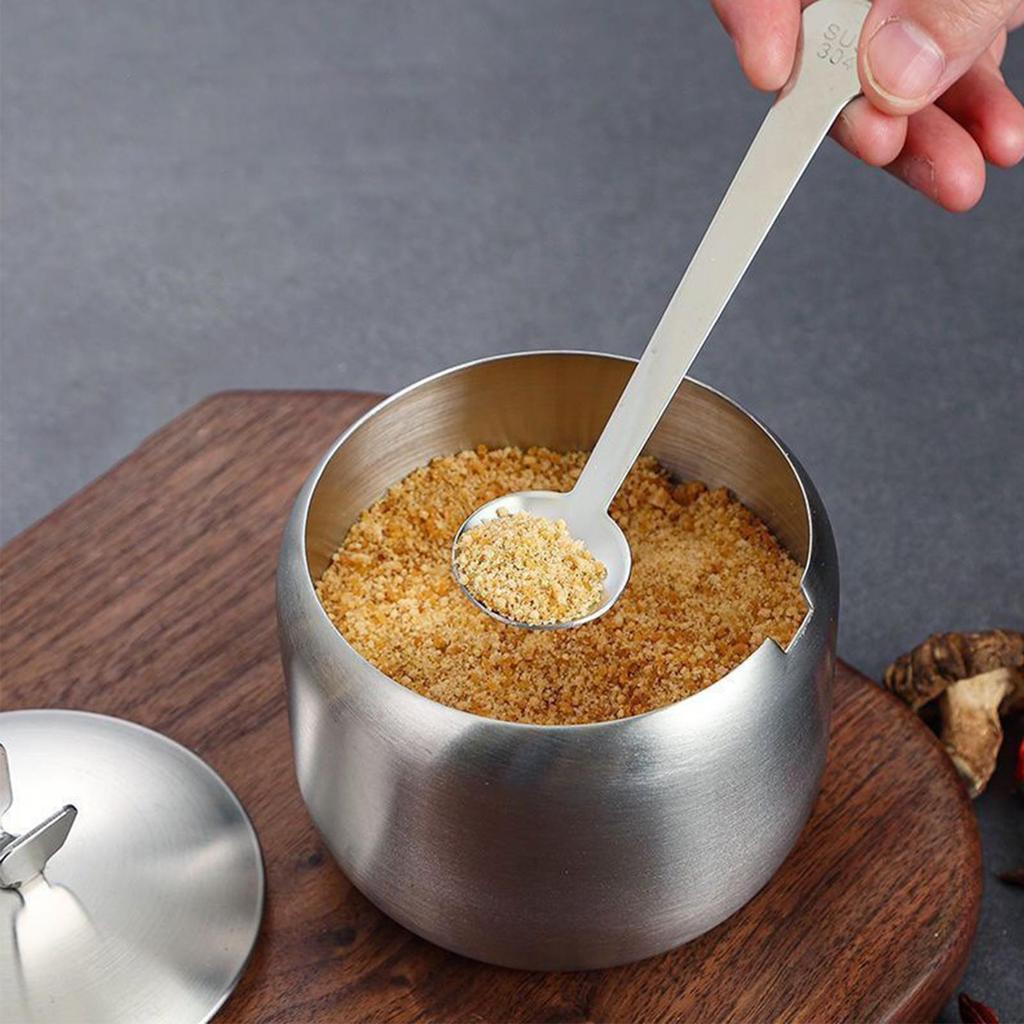 Stainless Steel Sugar Bowl Condiment Canisters Pots With Lid Spoon Salt Pepper Storage Bowl Kitchen 