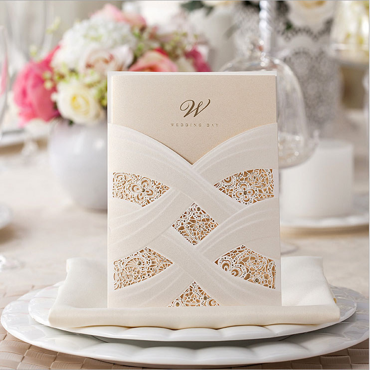 50x White laser cut invitation card cover jacket gate fold pocket wedng invitations kit White and go