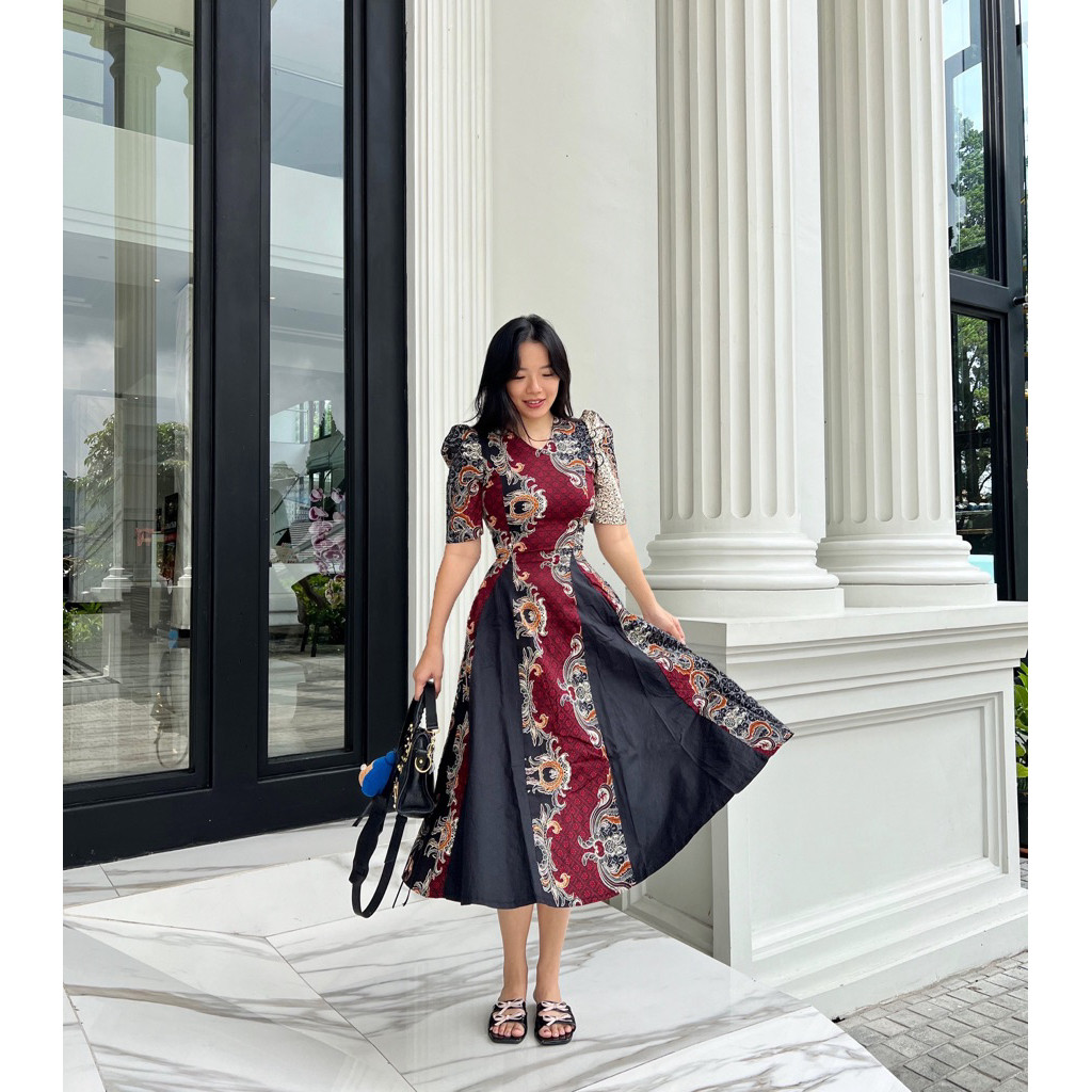 SODIALAM HERFIT alifah dress batik midi kombinasi katun strecth(dress batik pendek)