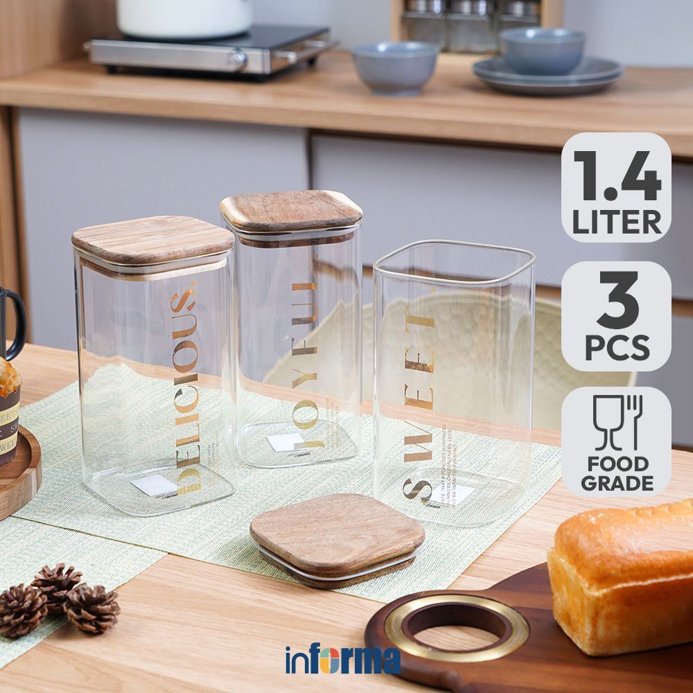 Informa 1.4 ltr Set 3 pcs Krystal Stoples Kaca Square Jar Tempat Simpan Snack Dan Permen Setoples To