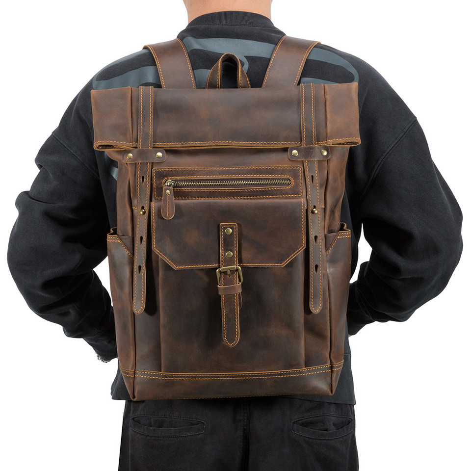 Cross border Crazy Horse Leather Men's Backpack Large Capacity Retro Folding Men's Backpack Leather 