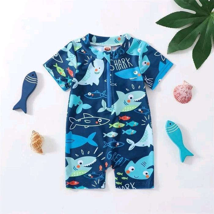 Baju renang bayi 3bulan-1tahun jumper anak renang import - Shark Navy, 3-6bulan